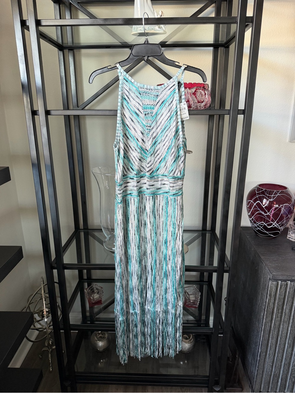 INC International Concepts Teal and White Striped Fringe Maxi Dress